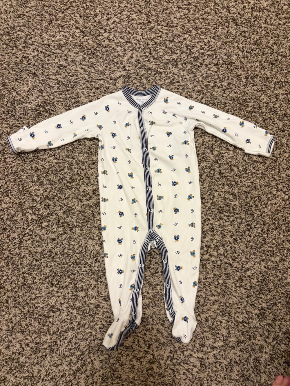 Ralph Lauren White Footed One-Piece with Navy Trim and Blue Bear Motif